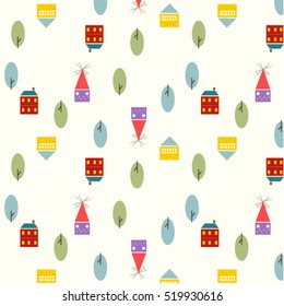 Scandinavian forest  pattern. Autumn trees, wood. Simple flat landscape elements. 