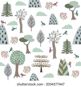 Scandinavian forest pattern with birds. Scandinavian style fabric pattern for children. Vector illustration.
