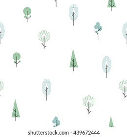 Scandinavian forest seamless pattern. Simple flat trees, wood,  landscape elements. Map. Minimalist european design.