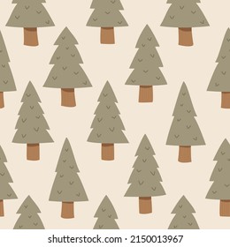 Scandinavian forest seamless vector pattern. Cute, Scandi, simple, minimal, woodland, pine tree illustration. Minimal, Nordic, nature repeat, background wallpaper texture for kids and children.