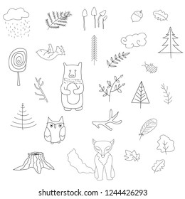 Scandinavian forest set of elements. Black and white. Vector illustration.