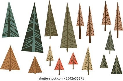 Scandinavian Forest Tree Set - Minimalist Hand-Drawn Pine Tree Illustrations in Editable Format for Rustic and Winter Designs.