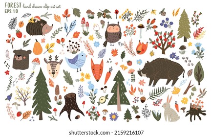 Árboles forestales escandinavos, flores y elementos animales aislados en un fondo blanco.Clipart de elementos de bosques, pegatinas dibujadas a mano con flora y fauna del bosque. Pegatinas de los bosques 