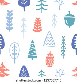 Scandinavian Forest trees nordic seamless pattern. Hand drawn trendy decoration backdrop. Good for wallpaper, invitation card, scrapbook, wrapping paper, website background, fashion textile print.