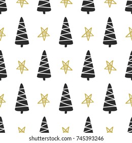 Scandinavian Forest trees nordic seamless pattern. Hand drawn trendy decoration backdrop. Good for wallpaper, invitation card, scrapbook, wrapping paper, website background, fashion textile print.