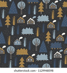 Scandinavian forest vector pattern. Nordic nature landscape concept. Perfect for kids fabric, textile, nursery wallpaper. Hand drawn trees and houses.