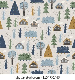 Scandinavian forest vector pattern. Nordic nature landscape concept. Perfect for kids fabric, textile, nursery wallpaper. Hand drawn forest and houses.