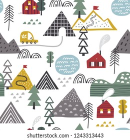 Scandinavian forest vector pattern. Nordic nature landscape concept. Perfect for kids fabric, textile, nursery wallpaper. Hand drawn trees and houses.