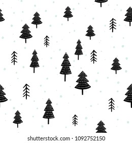 Scandinavian forest vector pattern. Winter woodland seaamless design in black and white with hand drawn trees.