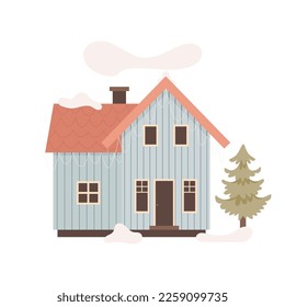 Scandinavian forest wood winter cabin. Vector illustration 