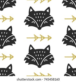 Scandinavian Fox nordic seamless pattern. Hand drawn trendy folk art decoration backdrop. Good for kids wallpaper, invitation card, scrapbook, wrapping paper, fashion textile print.
