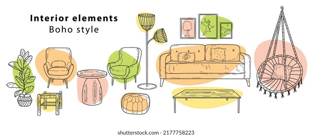 Mobiliario escandinavo Interior elementos estilo Boho. Ambiente acogedor para el salón. Elementos de estilo de doodle dibujados a mano. Ilustración del vector