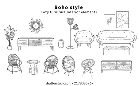 Scandinavian furniture Interior elements Boho style. Cozy home environment for the living room. Hand-drawn doodle style elements. Vector illustration. Vector illustration