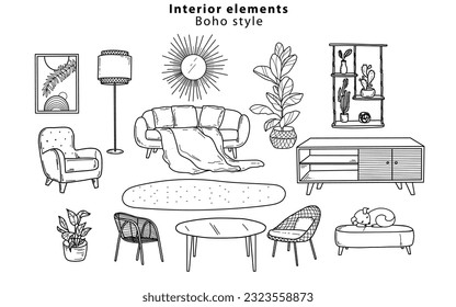 Mobiliario escandinavo Interior elementos estilo Boho. Ambiente acogedor para el salón. Elementos de estilo de doodle dibujados a mano. Ilustración vectorial.