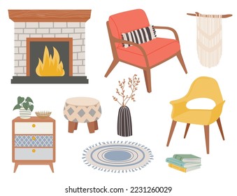 Scandinavian furniture. Minimalist furnishing for home decor. Living room interior objects in hygge style such as armchair, puff, carpet, fireplace, houseplant and vase with plant isolated vector set