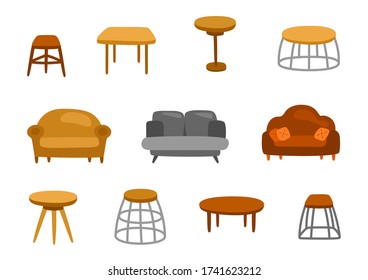 Scandinavian furniture vector set. Table, sofa, couch. Wooden living room furniture design. Cozy home decor elements isolated on white.