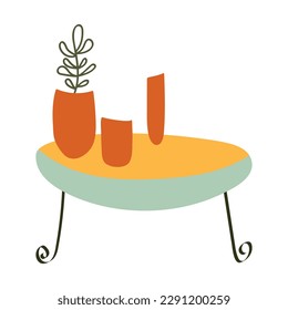 Scandinavian garden furniture - decorative table and vase. Set with sofa, armchair, coffee table, pots, home decorations. Modern garden in Hygge style. Vector illustration