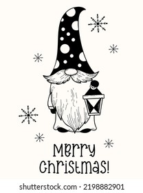 Scandinavian garden gnome with lantern. Snow gnome for winter and christmas doodle cartoon style. Vector illustration, hand drawing. Merry Christmas greeting card