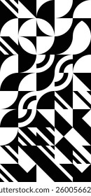 Scandinavian geometric background. Bauhaus abstract geometric simple shapes pattern with triangles, square and half circle. Black and white diagonal composition. Minimal style poster or cover. Vector