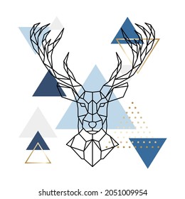 Venado geométrico escandinavo. Arte moderno de paredes impresas. Resumen de reno de cabeza poligonal. Diseño para tatuajes, logotipo, emblema, afiche. Estilo escandaloso.