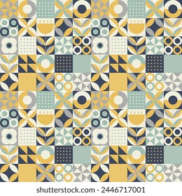 Scandinavian geometric floral seamless pattern. Trendy geo floral design. Mosaic neo geo art background. Abstract patterns vector illustration.