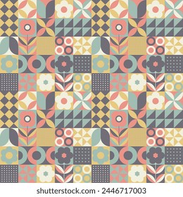 Scandinavian geometric floral seamless pattern. Trendy geo floral design. Mosaic neo geo art background. Abstract patterns vector illustration.