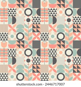 Scandinavian geometric floral seamless pattern. Trendy geo floral design. Mosaic neo geo art background. Abstract patterns vector illustration.