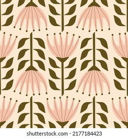 Scandinavian geometric flowers hand drawn vector illustration. Vintage boho floral ornament seamless pattern for fabric or wallpaper.