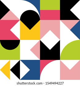 Skandinavisches geometrisches Muster. Moderne abstrakte Vektorillustration nahtlose geometrische Muster mit Dreiecken, Quadrat und Halbkreis. Farbige Formen, rosa, gelb, blau, grün, schwarz-weiß
