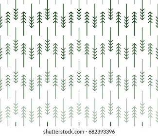 Scandinavian geometric pattern with stylized linear fir and pine trees in shades of green on white background. Print for Christmas wrap paper or modern fashion and sportswear. Vector seamless repeat.