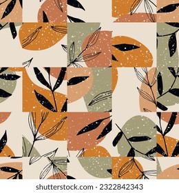 Scandinavian geometric seamless doodle pattern with vintage leaves sketch.  For wrapping paper. Ideal for wallpaper, surface textures, textiles.
