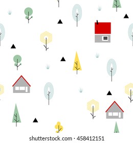 Scandinavian geometric seamless pattern. Autumn Simple flat house, wood. trees, tulip and landscape elements. Map texture. Minimalist european houses. Cartoon illustration.