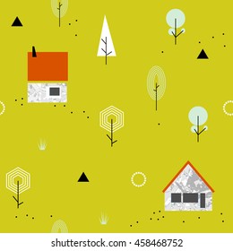 Scandinavian geometric seamless pattern. Autumn Simple flat house, wood. trees and landscape elements. Map texture. Minimalist european houses. Cartoon illustration.