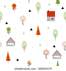 Scandinavian geometric seamless pattern. Autumn Simple flat house, wood. trees, tulip and landscape elements. Map texture. Minimalist european houses. Cartoon illustration.