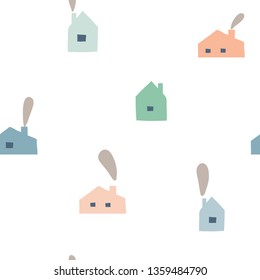 Scandinavian geometric seamless pattern with cute stylized city landscape. Hand drawn cartoon colorful houses. Simple cottages illustration. Map texture for childish textile, fabric, wrapping paper