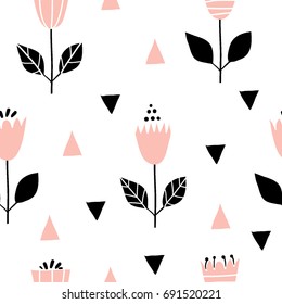Scandinavian Geometric seamless pattern with flowers. Minimalistic floral background with triangles. Abstract botany texture. Vector graphic design for paper, textile print, page fill.