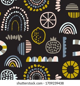 Scandinavian geometric seamless pattern with hand drawn fruits, rainbows, abstract shapes on black background. Cute artistic vector texture for fabric baby print, wallpaper, wrapping paper, cards.