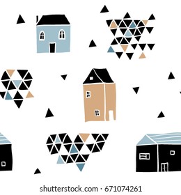 Scandinavian geometric seamless pattern for kids. Simple flat house and triangles. Minimalist european houses. Cartoon illustration. Stylized city. Street. Cottages. City landscape. Hand drawn. 