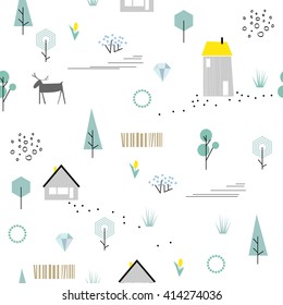 Scandinavian geometric seamless pattern. Simple flat deer, house, trees, tulip and landscape elements. Map texture. Minimalist european houses. Blue colors. Cartoon illustration