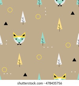 Scandinavian geometric seamless pattern. Simple flat cat and landscape elements. Map texture. Minimalist design. Autumn colors. Cartoon illustration