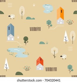 Scandinavian geometric seamless pattern. Simple flat sheep, house, trees, lake and landscape elements. Map texture. Minimalist european houses. Cartoon autumn illustration