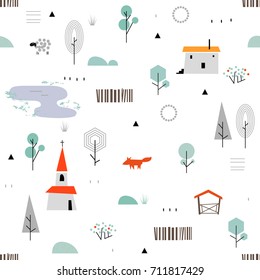 Scandinavian geometric seamless pattern.  Simple flat sheep, fox, house, trees, church, lake and landscape elements. Map texture. Minimalist european houses. 