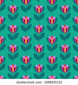 Scandinavian geometric simple seamless floral pattern. Folk nordic style art. Tulip flowers background.