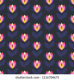 Scandinavian geometric simple seamless floral pattern. Folk nordic style art. Tulip flowers background.