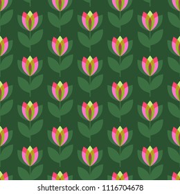 Scandinavian geometric simple seamless floral pattern. Folk nordic style art. Tulip flowers background.