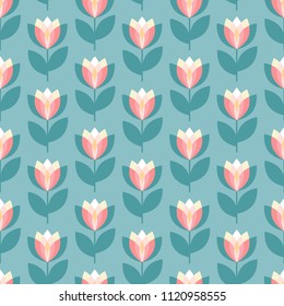 Scandinavian geometric simple seamless floral pattern. Folk nordic style art. Tulip flowers background.