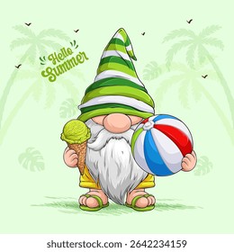 Scandinavian gnome in beach swimsuit enjoying summer time, holding beachball, ice cream with palm trees on the background