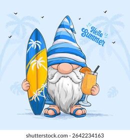 Scandinavian gnome in beach swimwear enjoying summer time, holding surfboard, orange juice with palm trees on the background