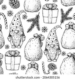 Scandinavian gnome and Christmas gifts sketch illustration. Seamless pattern. Vintage background. Engraved style. Hand drawn vector illustration. Christmas design.