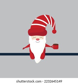 Scandinavian gnome with cup of cocoa in red color. Flat style.